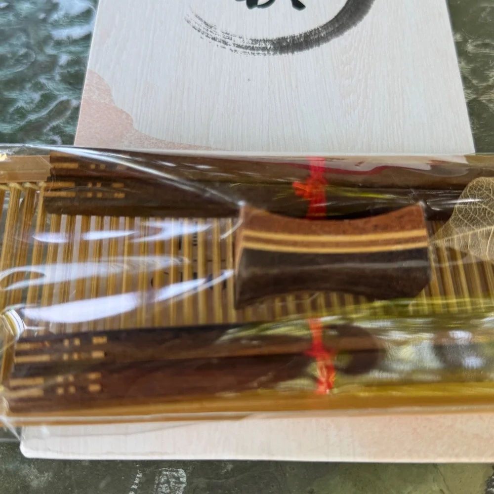 New Hong Kong Wood Chopstick Set with Rest Bamboo Mat and Gift Bag Brown Chinese